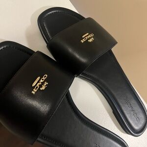 Coach Black Leather Slide Sandals